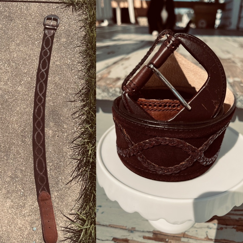 Vintage Brown Leather chunky belt with minimal silver hardware.  Size L